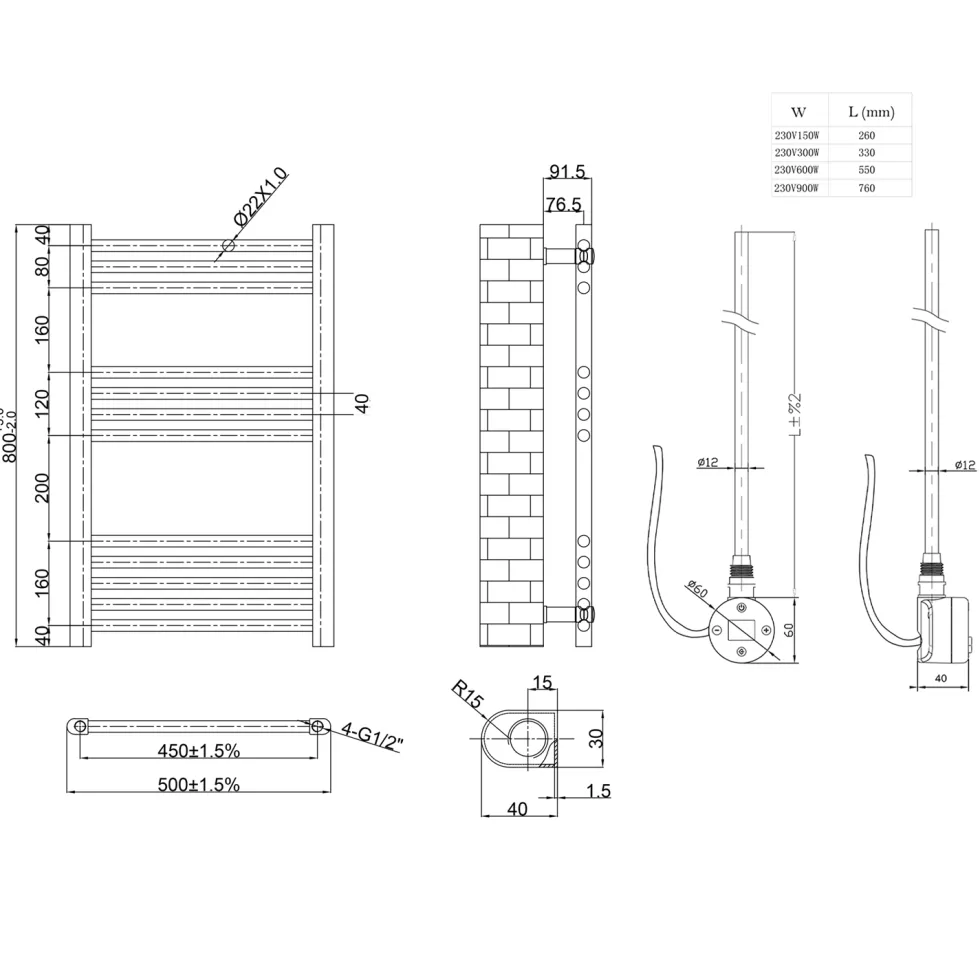 Toasty Glow White 22mm Electric Heated Ladder Towel Rail with Heating Element