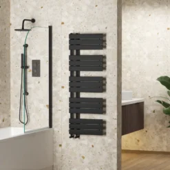 Toasty Haven Matt Black Flat Panel Offset Heated Towel Rail - 1290 x 500mm