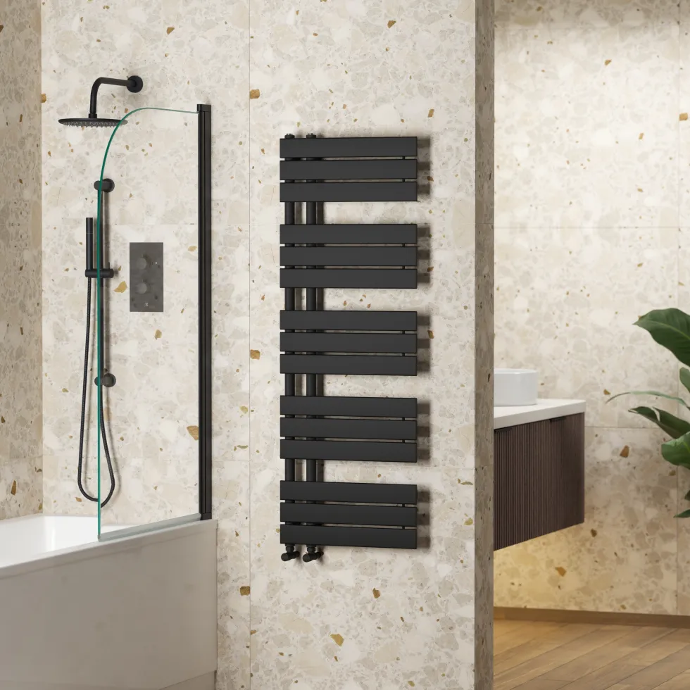 Toasty Haven Matt Black Flat Panel Offset Heated Towel Rail - 1290 x 500mm