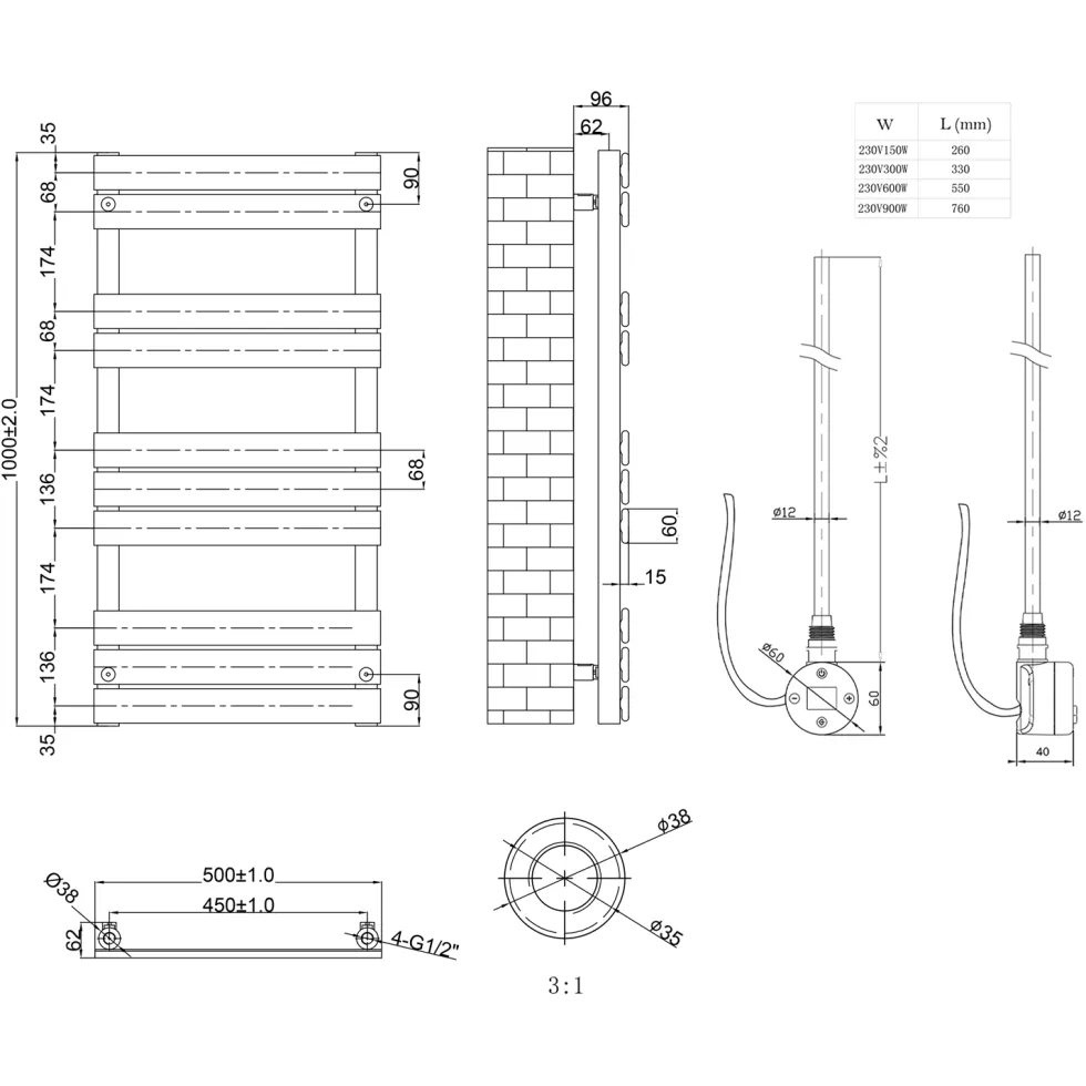 Toasty Hush Brushed Brass Electric Flat Panel Heated Towel Rail with Heating Element