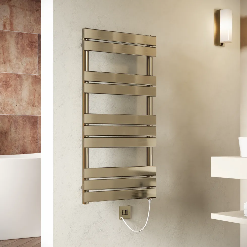 Toasty Hush Brushed Brass Electric Flat Panel Heated Towel Rail with Heating Element