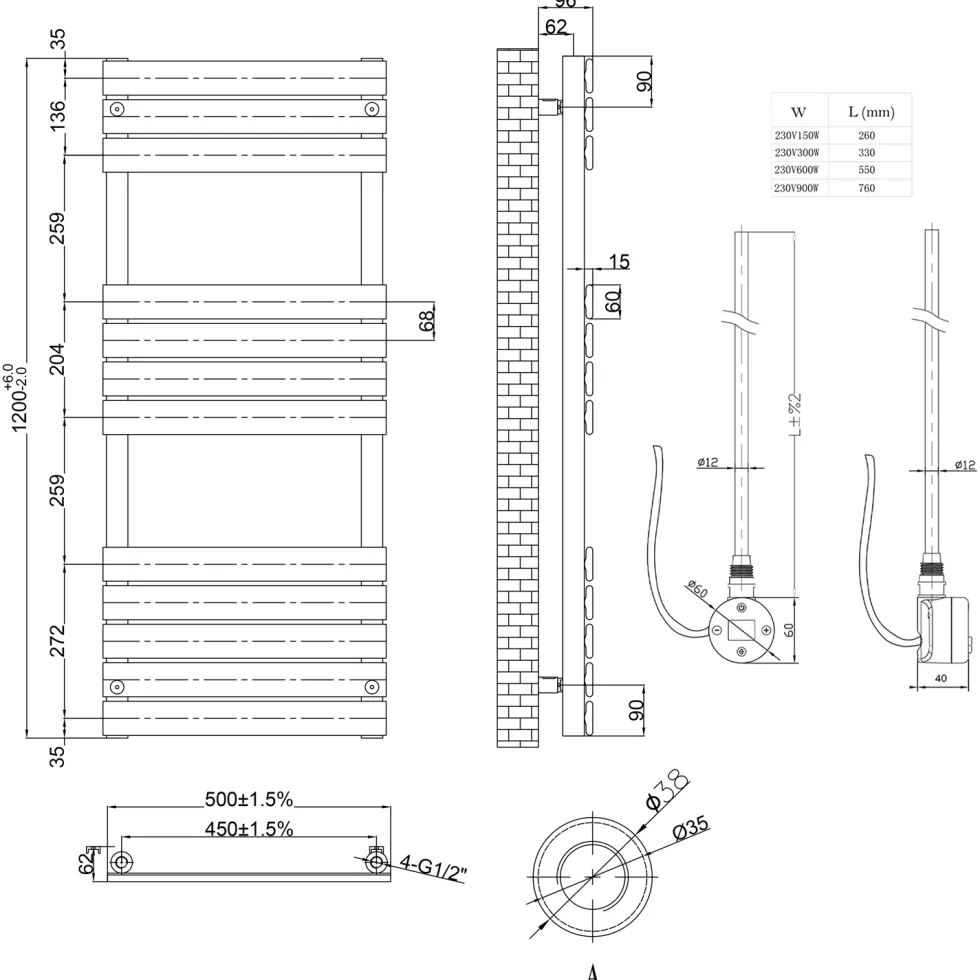 Toasty Hush Brushed Brass Electric Flat Panel Heated Towel Rail with Heating Element