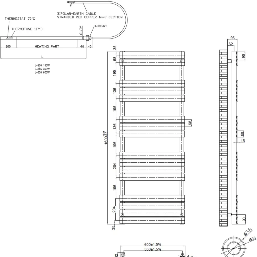 Toasty Hush Chrome Electric Flat Panel Heated Towel Rail with Heating Element