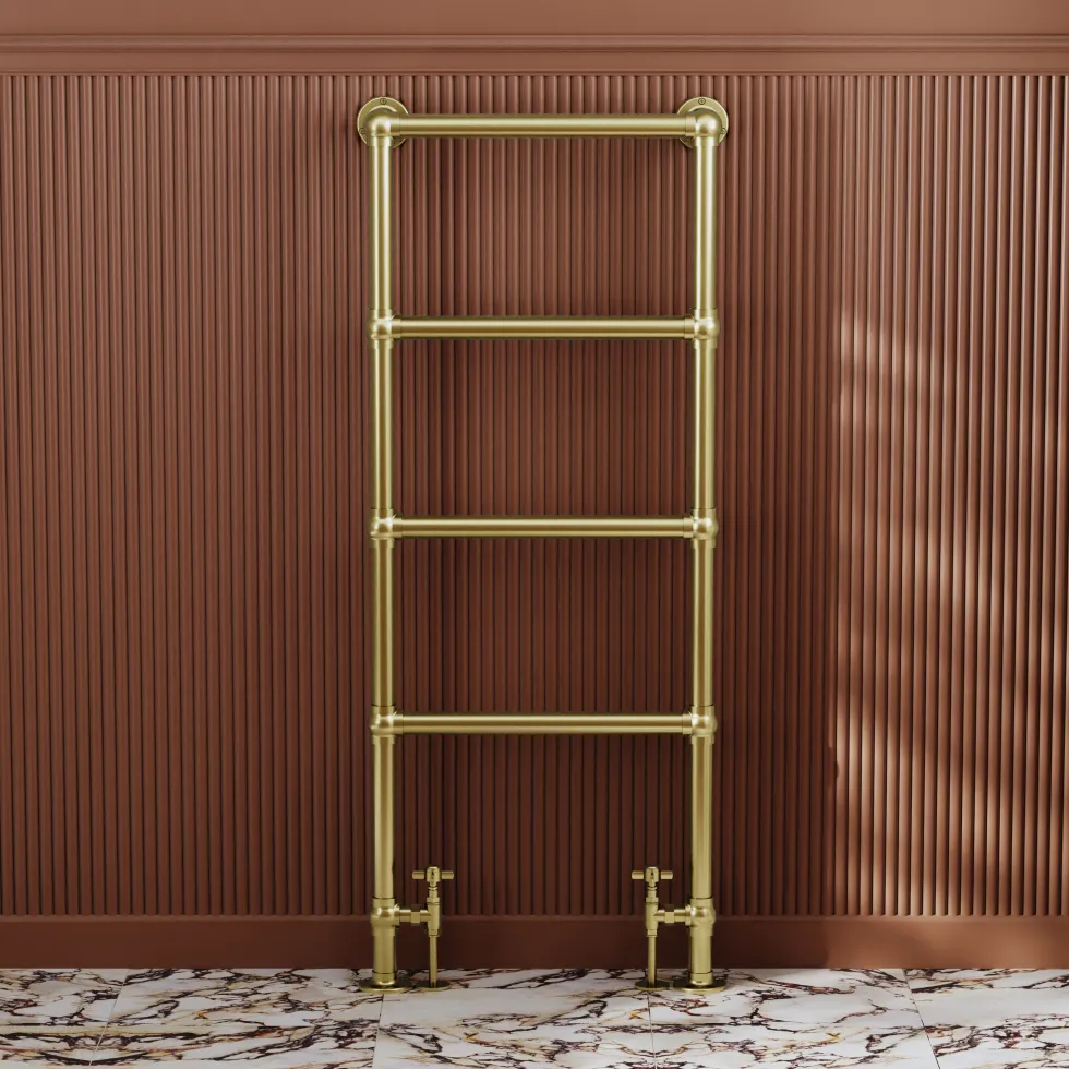 Toasty Merrin Brushed Brass Floorstanding Traditional Heated Towel Rail - 1195 x 500mm
