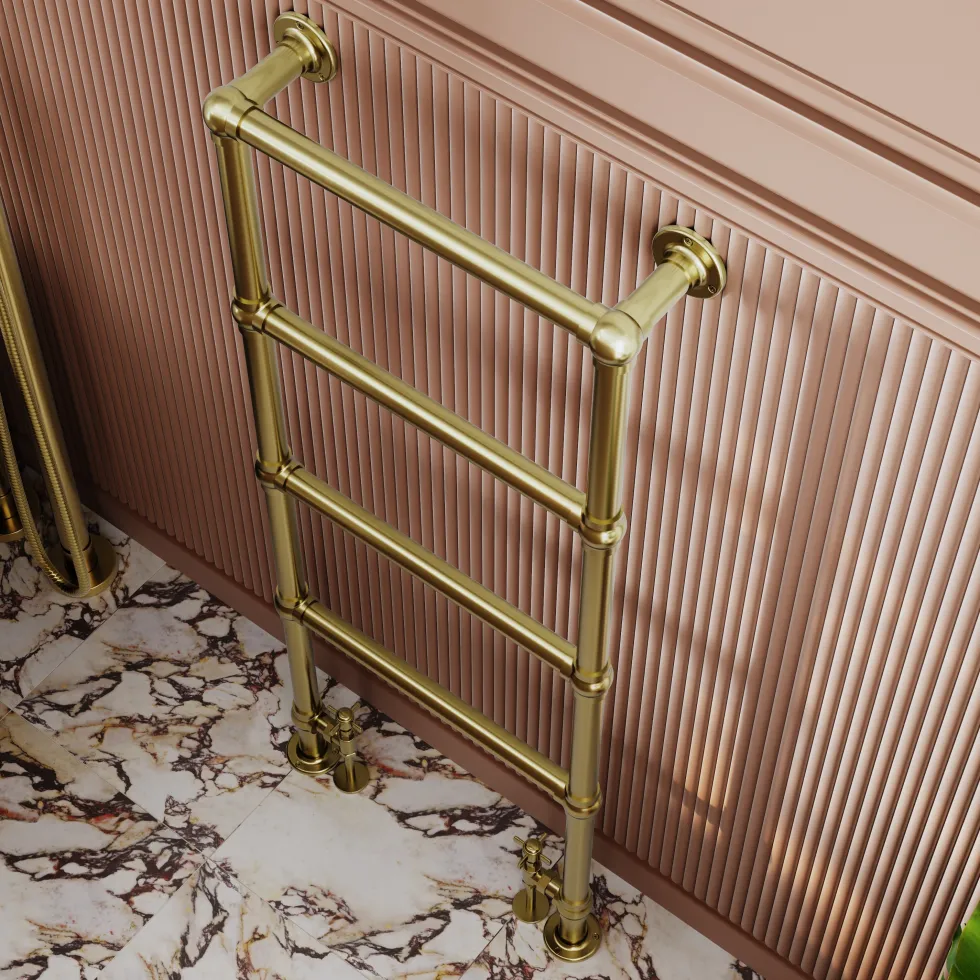 Toasty Merrin Brushed Brass Floorstanding Traditional Heated Towel Rail - 1195 x 500mm