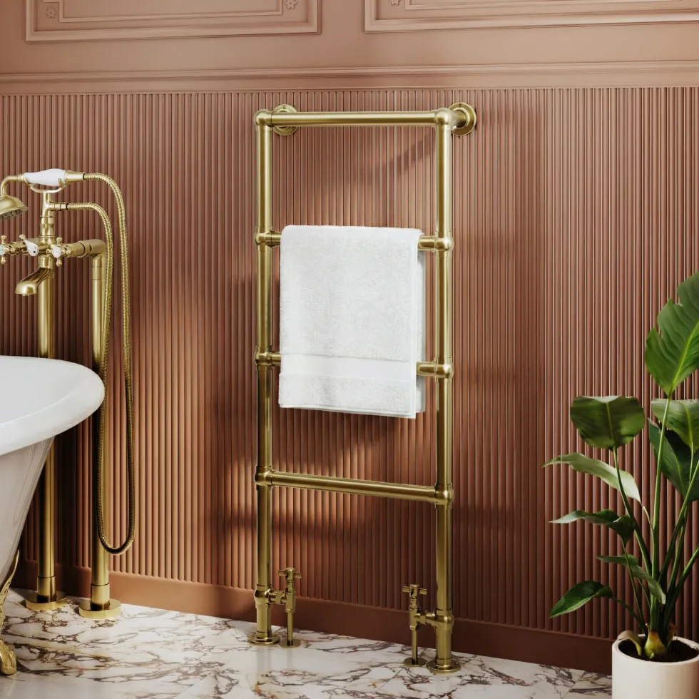 Toasty Merrin Brushed Brass Floorstanding Traditional Heated Towel Rail - 1195 x 500mm