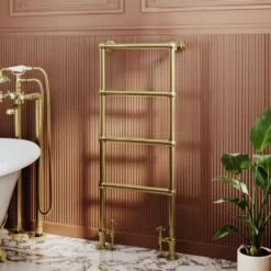 Toasty Merrin Brushed Brass Floorstanding Traditional Heated Towel Rail - 1195 x 500mm