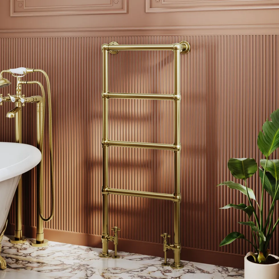 Toasty Merrin Brushed Brass Floorstanding Traditional Heated Towel Rail - 1195 x 500mm