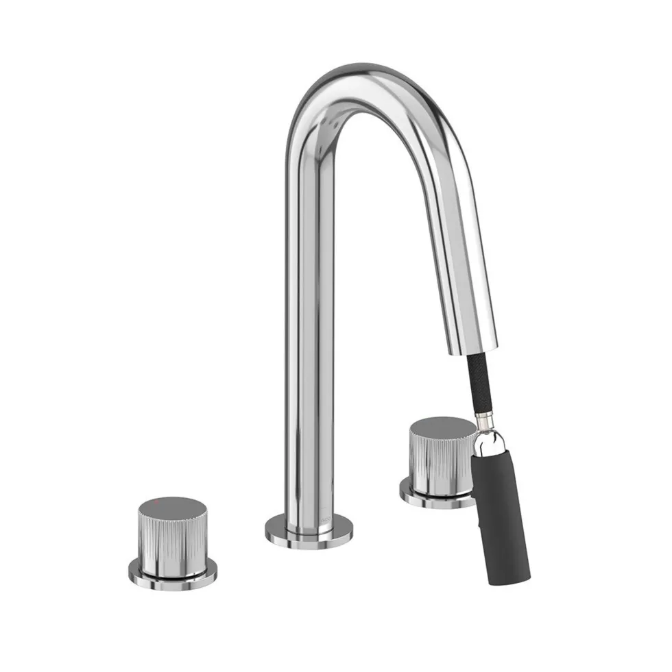 Vado Safari 3 Hole Leverless Deck Mounted Basin Mixer Tap with Pull Out Spout