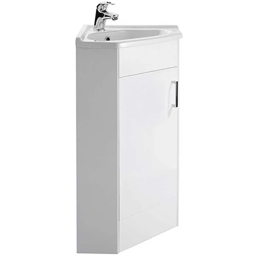 Vellamo Alpine 1 Door Corner Cabinet Vanity Unit & Ceramic Basin - White Gloss