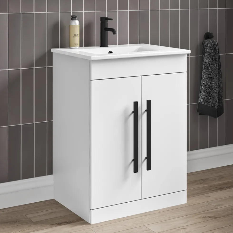 Vellamo Aspire 600mm Floorstanding 2 Door Vanity Unit & Ceramic Basin with Matt Black Handles & Overflow Cover