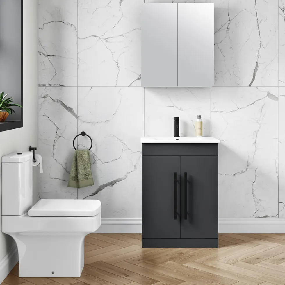 Vellamo Aspire 600mm Floorstanding 2 Door Vanity Unit & Ceramic Basin with Matt Black Handles & Overflow Cover