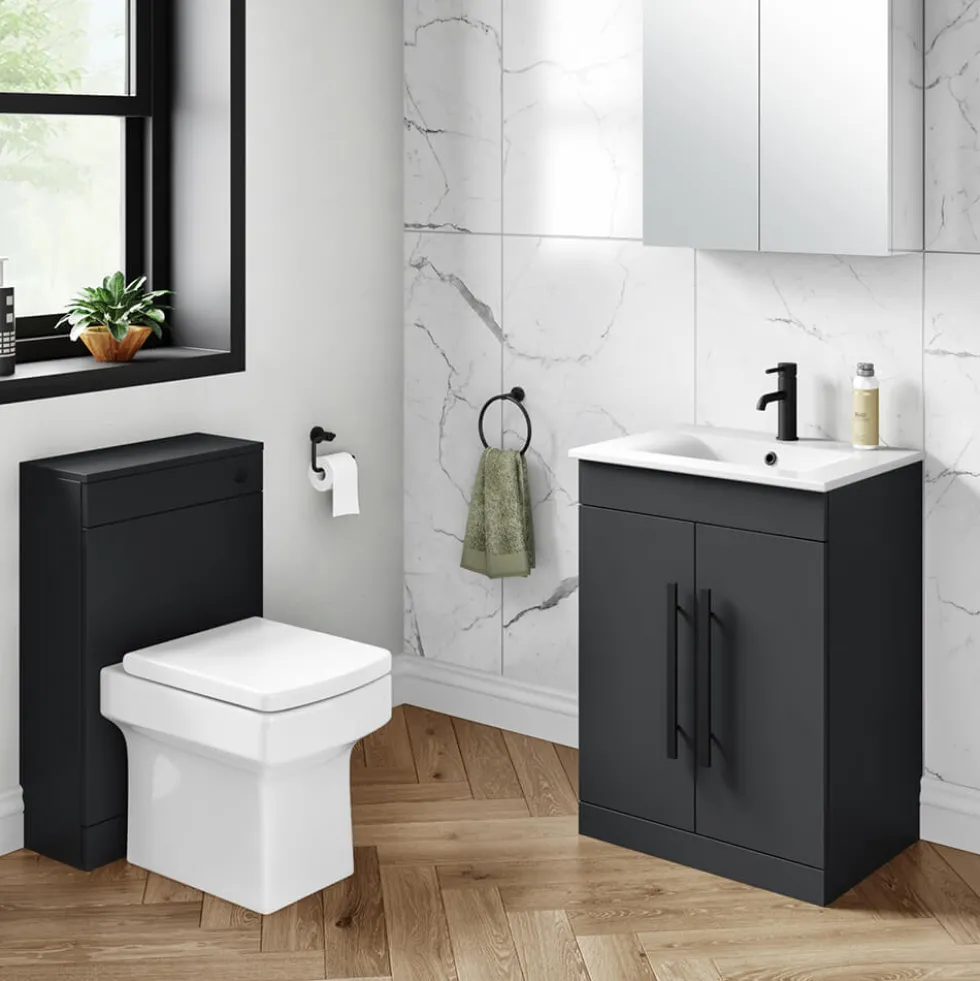 Vellamo Aspire 600mm Floorstanding 2 Door Vanity Unit & Ceramic Basin with Matt Black Handles & Overflow Cover