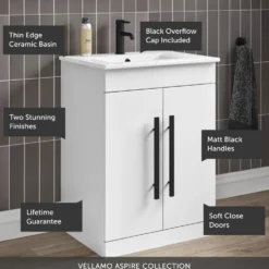 Vellamo Aspire 600mm Floorstanding 2 Door Vanity Unit & Ceramic Basin with Matt Black Handles & Overflow Cover