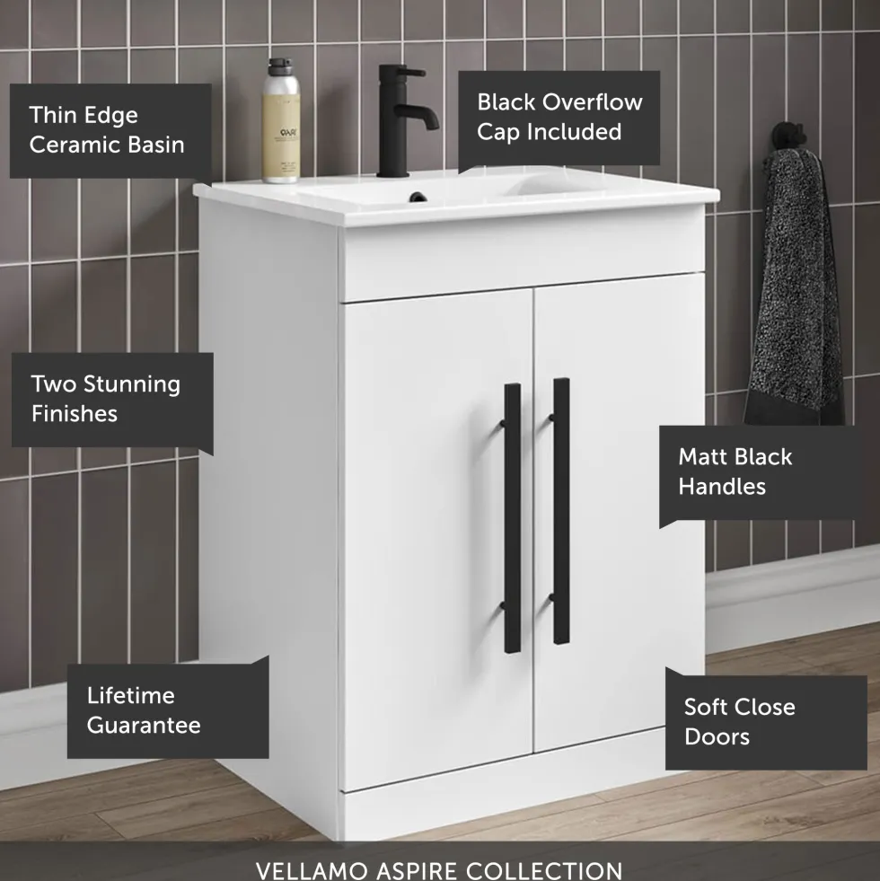 Vellamo Aspire 600mm Floorstanding 2 Door Vanity Unit & Ceramic Basin with Matt Black Handles & Overflow Cover