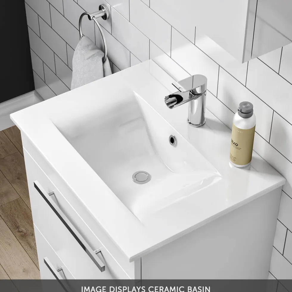 Vellamo Aspire 600mm Floorstanding 2 Door Vanity Unit & Ceramic Basin with Matt Black Handles & Overflow Cover