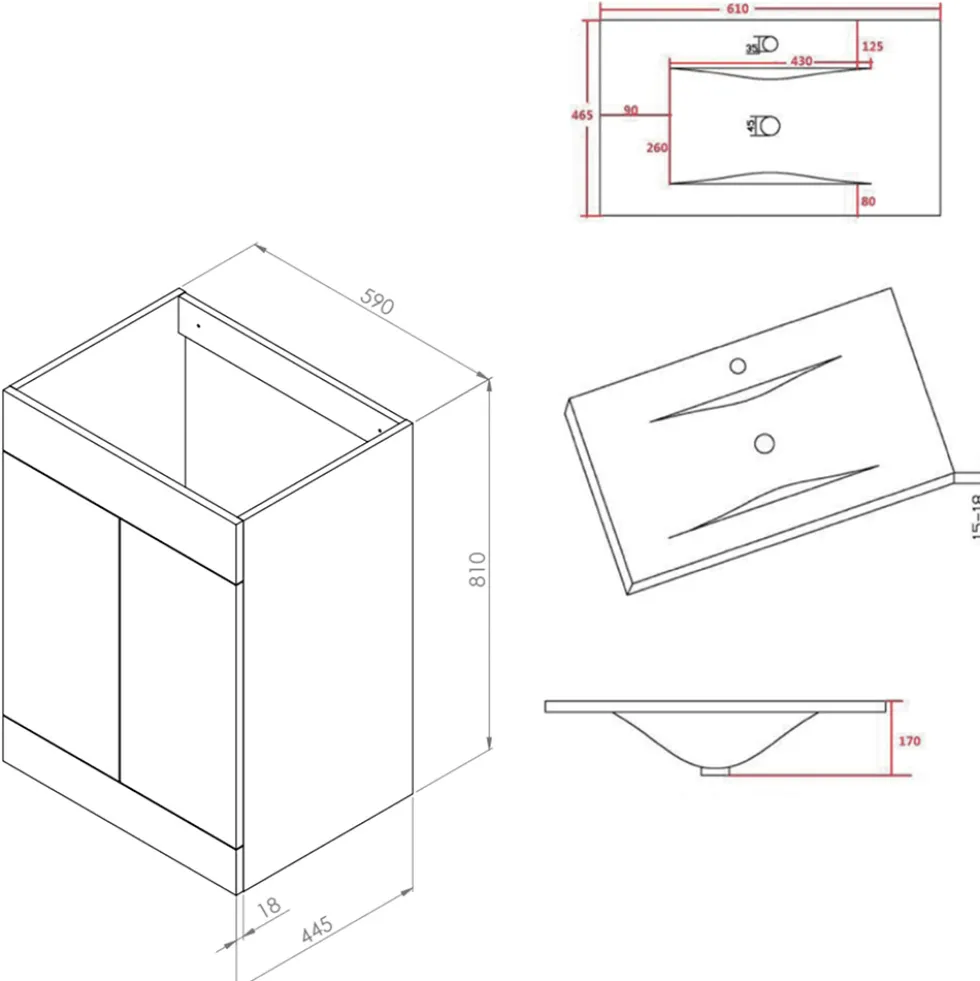Vellamo Aspire 600mm Floorstanding 2 Door Vanity Unit & Thin Ceramic Basin