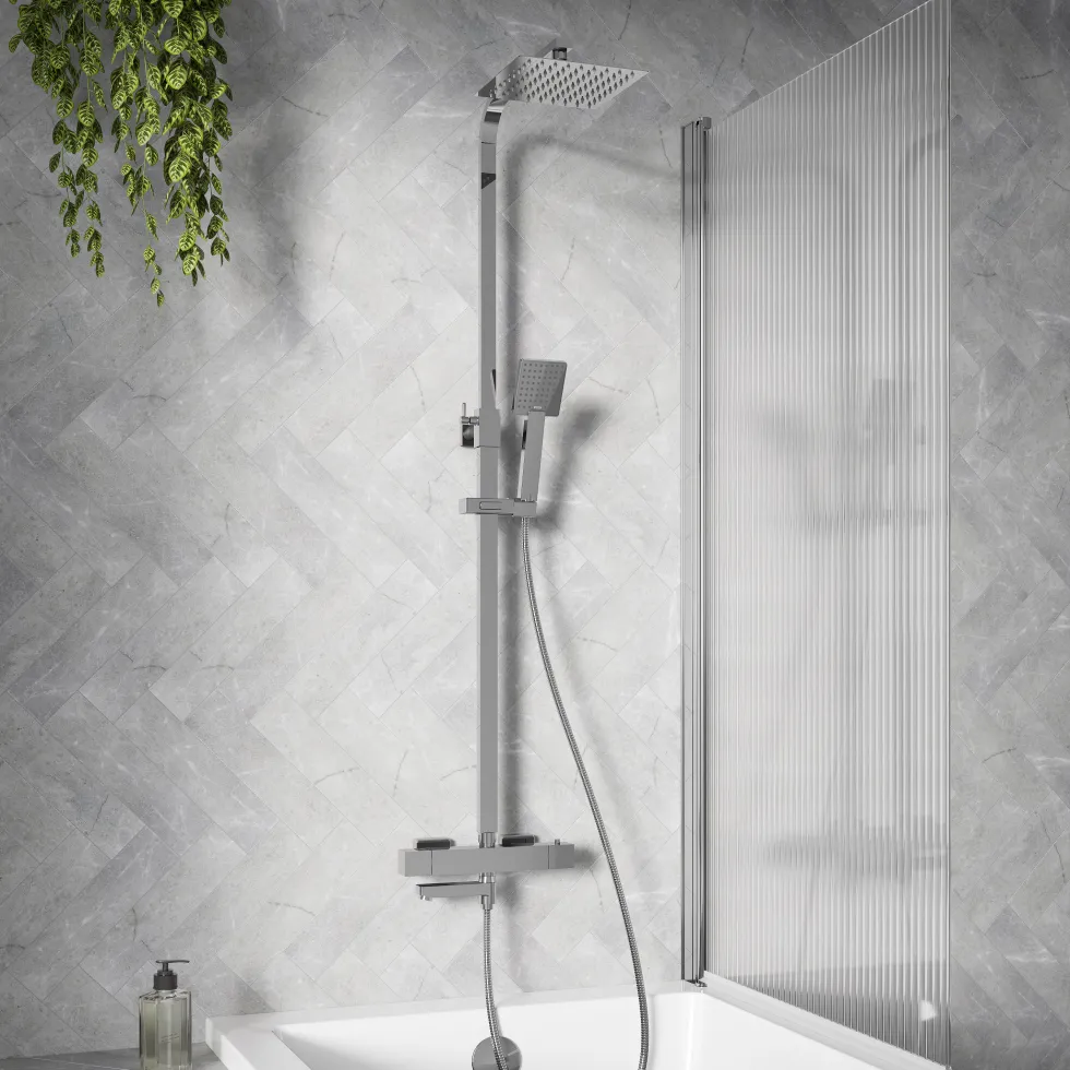 Vellamo Blox Exposed 3 Outlet Rigid Riser Thermostatic Shower Set with Integrated Bath Spout