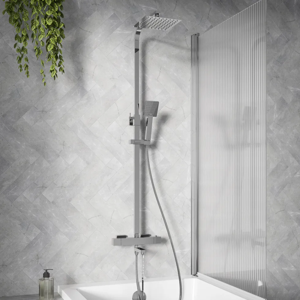 Vellamo Blox Exposed 3 Outlet Rigid Riser Thermostatic Shower Set with Integrated Bath Spout
