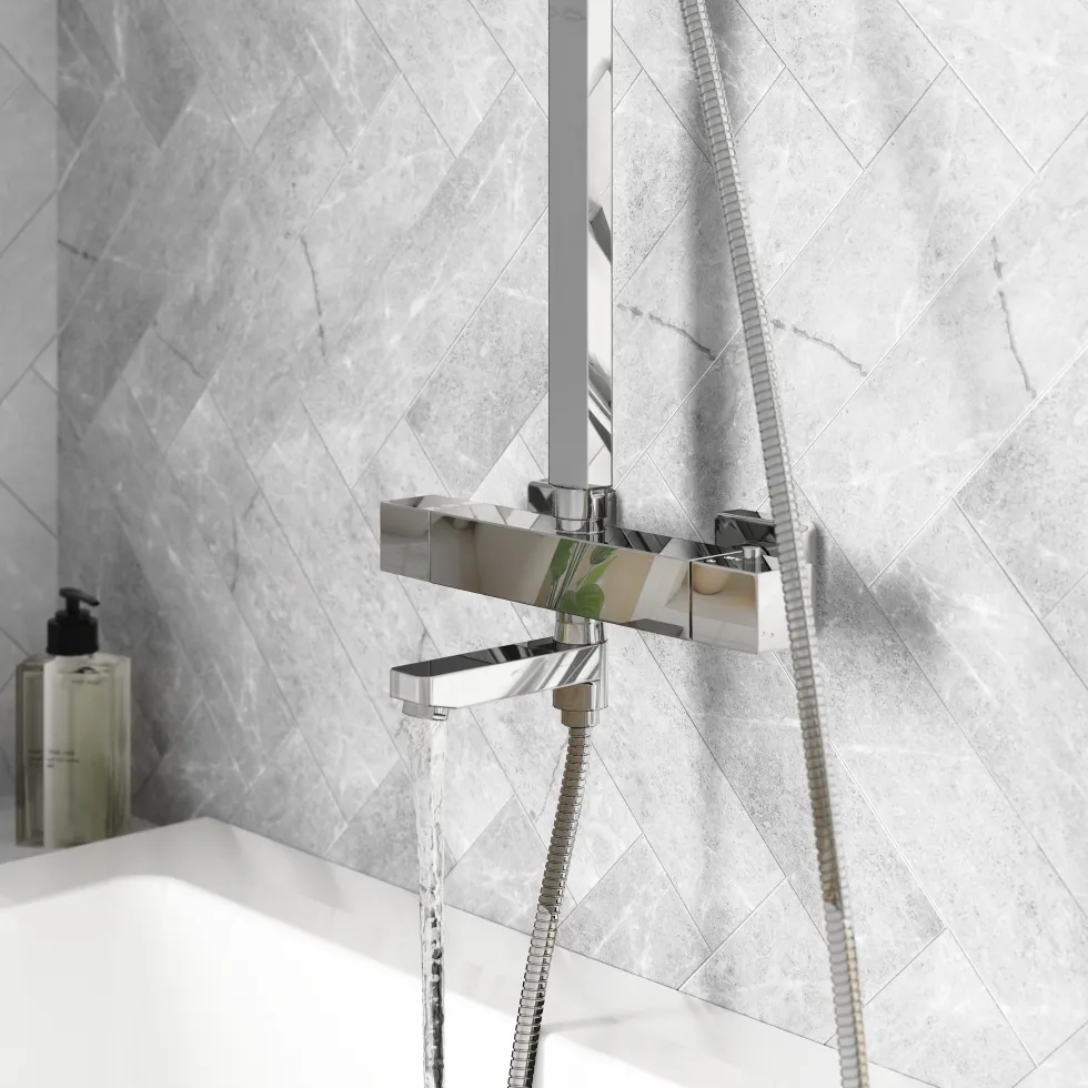 Vellamo Blox Exposed 3 Outlet Rigid Riser Thermostatic Shower Set with Integrated Bath Spout