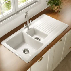 Vellamo Ceramic 1.5 Bowl Inset Kitchen Sink with Reversible Drainer & Waste Kit - 1010 x 530mm