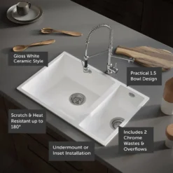 Vellamo Ceramic-Style Gloss White Composite Inset / Undermount 1.5 Bowl Kitchen Sink & Waste - 670 x 440mm