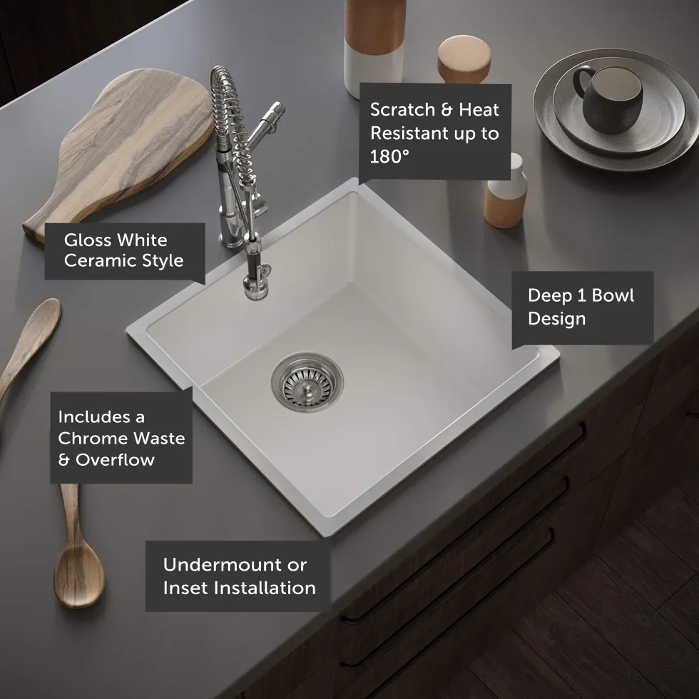 Vellamo Ceramic-Style Gloss White Composite Inset / Undermount 1 Bowl Kitchen Sink & Waste - 440 x 440mm