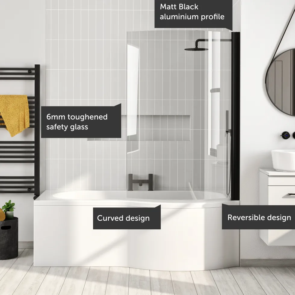 Vellamo City Curved Matt Black Hinged P-Bath Screen - 1433 x 715mm