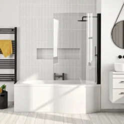 Vellamo City Curved Matt Black Hinged P-Bath Screen - 1433 x 715mm