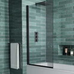 Vellamo City Matt Black 6mm Smoked Black Glass Hinged Bath Screen - 1400 x 800mm