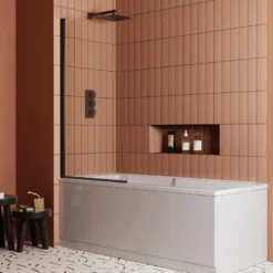 Vellamo City 6mm Matt Black Curved Corner Hinged Bath Screen - 1430 x 770mm