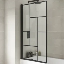Vellamo City 6mm Matt Black Hinged Abstract Bath Screen - 1430 x 790mm