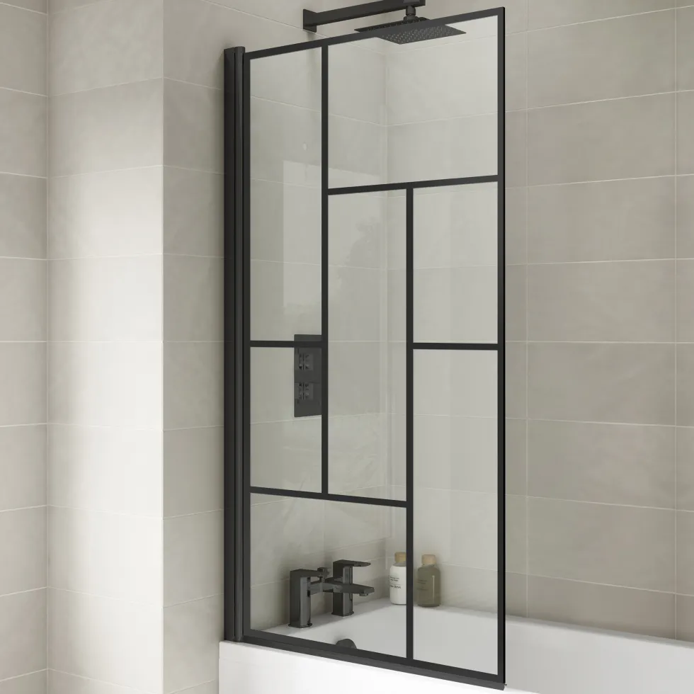 Vellamo City 6mm Matt Black Hinged Abstract Bath Screen - 1430 x 790mm