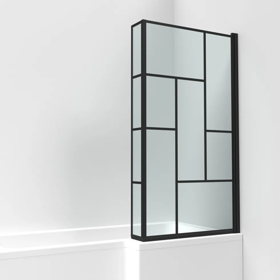 Vellamo City 6mm Matt Black Hinged Abstract L-Shaped Shower Bath Screen - 1430 x 795mm