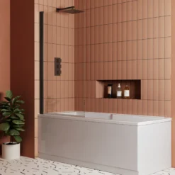 Vellamo City 6mm Matt Black Square Corner Hinged Bath Screen - 1430 x 770mm