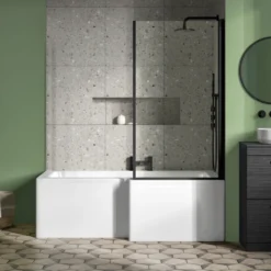 Vellamo City 6mm Matt Black Square Corner Hinged Bath Screen With Fixed Return - 1430 x 780mm