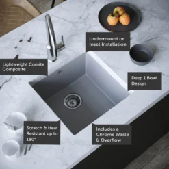 Vellamo Designer 1 Bowl Comite Composite Inset/Undermount Kitchen Sink & Waste - 440 x 440mm