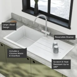 Vellamo Designer 1 Bowl Comite Composite Kitchen Sink & Waste with Reversible Drainer - 1000 x 500mm