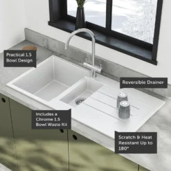 Vellamo Designer 1.5 Bowl Comite Composite Kitchen Sink & Waste with Reversible Drainer - 1000 x 500mm