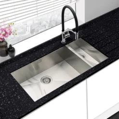 Vellamo Edge Extra Large 1.5 Bowl Inset/Undermount Brushed Stainless Steel Kitchen Sink & Waste with Left Hand Main Bowl - 890 x 430mm