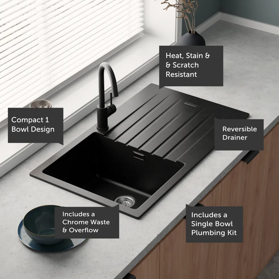 Vellamo Horizon Compact 1 Bowl Granite Composite Kitchen Sink & Waste - 860 x 500mm