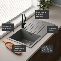 Vellamo Horizon Compact 1 Bowl Granite Composite Kitchen Sink & Waste - 860 x 500mm
