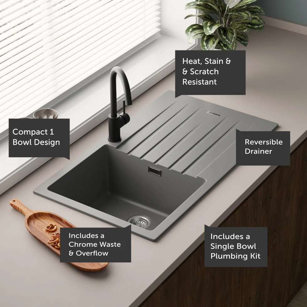 Vellamo Horizon Compact 1 Bowl Granite Composite Kitchen Sink & Waste - 860 x 500mm
