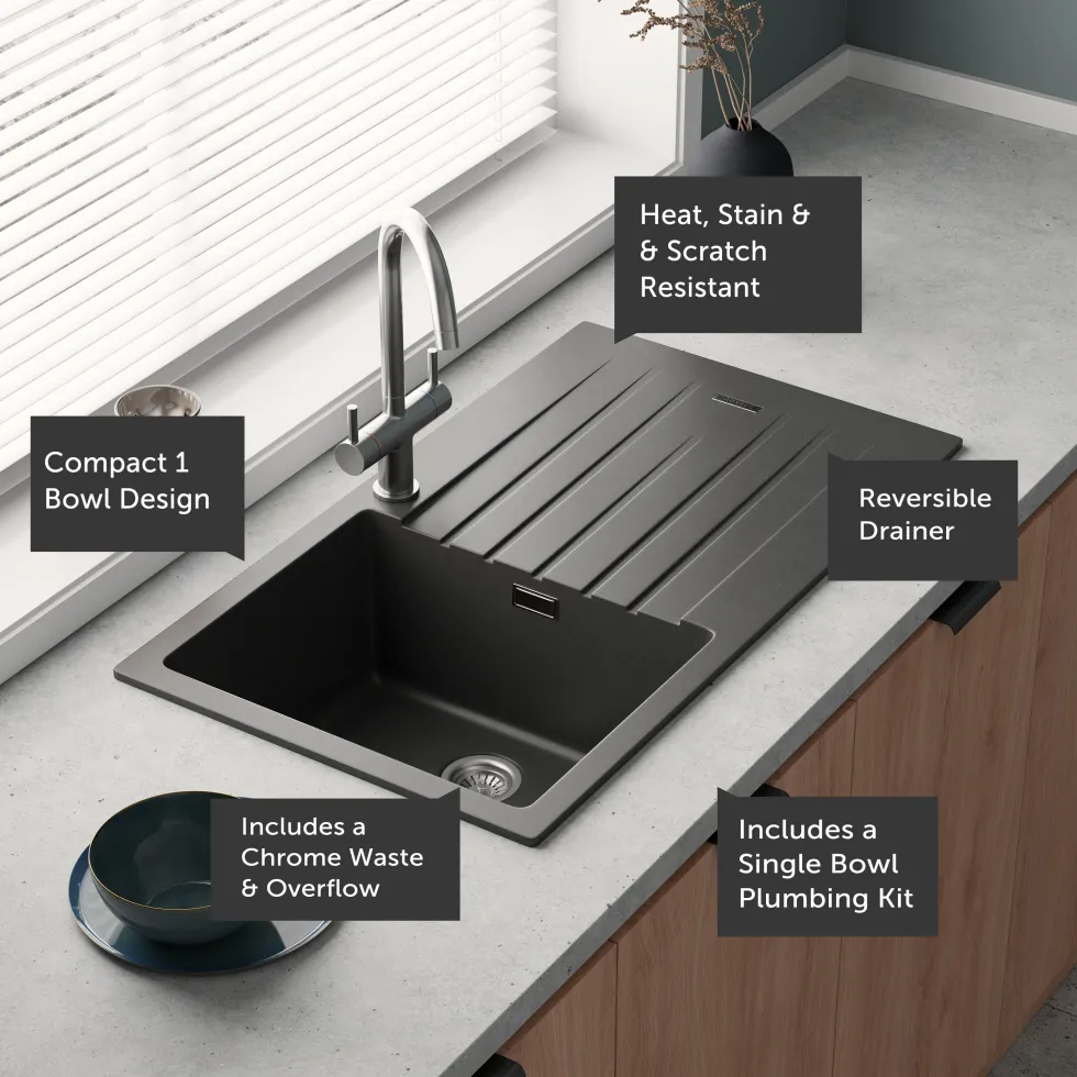 Vellamo Horizon Compact 1 Bowl Granite Composite Kitchen Sink & Waste - 860 x 500mm