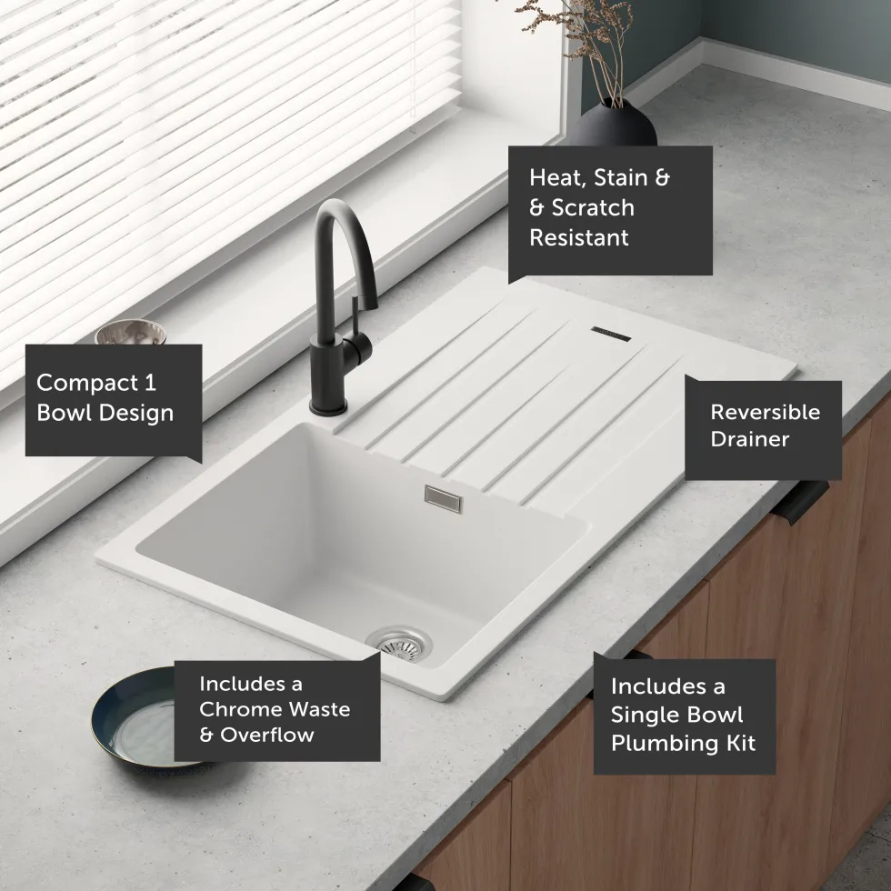 Vellamo Horizon Compact 1 Bowl Granite Composite Kitchen Sink & Waste - 860 x 500mm