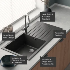 Vellamo Horizon Large Single Bowl Granite Composite Kitchen Sink & Waste - 1000 x 500mm