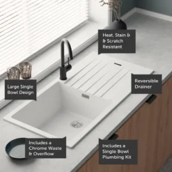 Vellamo Horizon Large Single Bowl Granite Composite Kitchen Sink & Waste - 1000 x 500mm