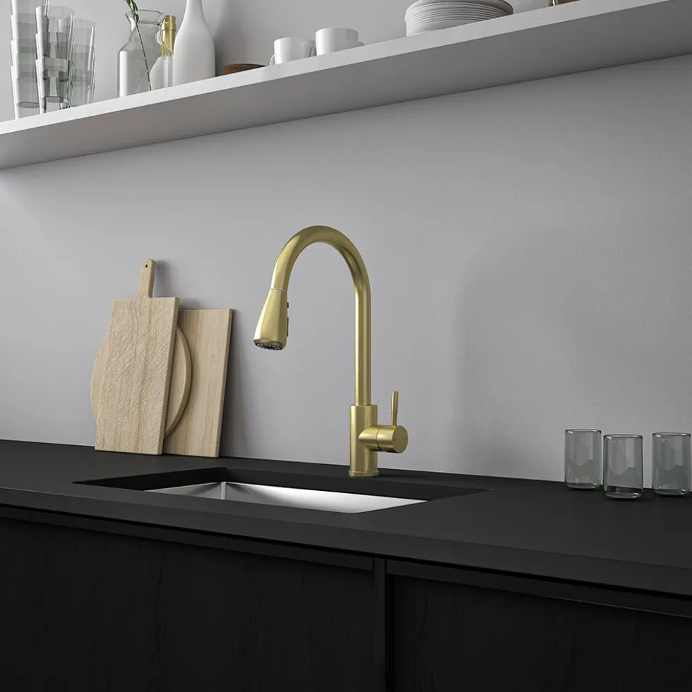 Vellamo Inspire Pull Out Spray Mono Kitchen Mixer Tap - Brushed Brass