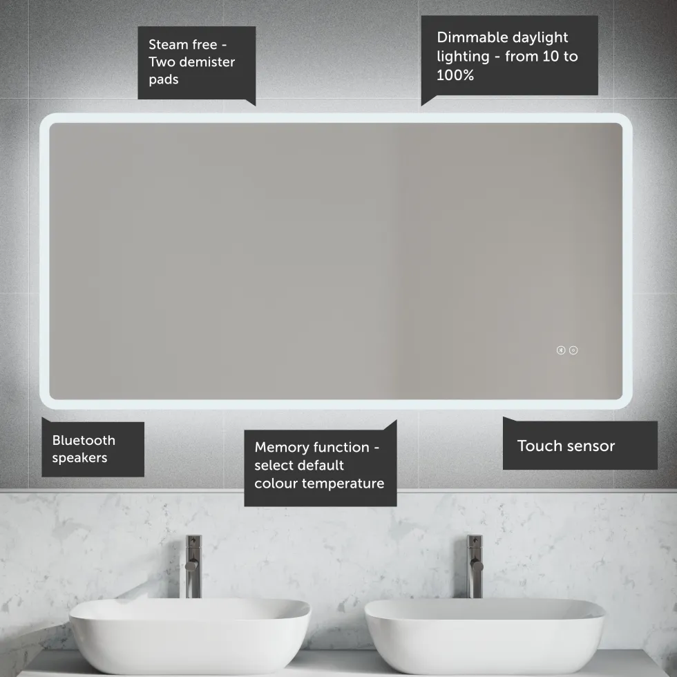 Vellamo LED Frame Mirror with Touch Sensor, Demister & Bluetooth - 1200 x 600mm