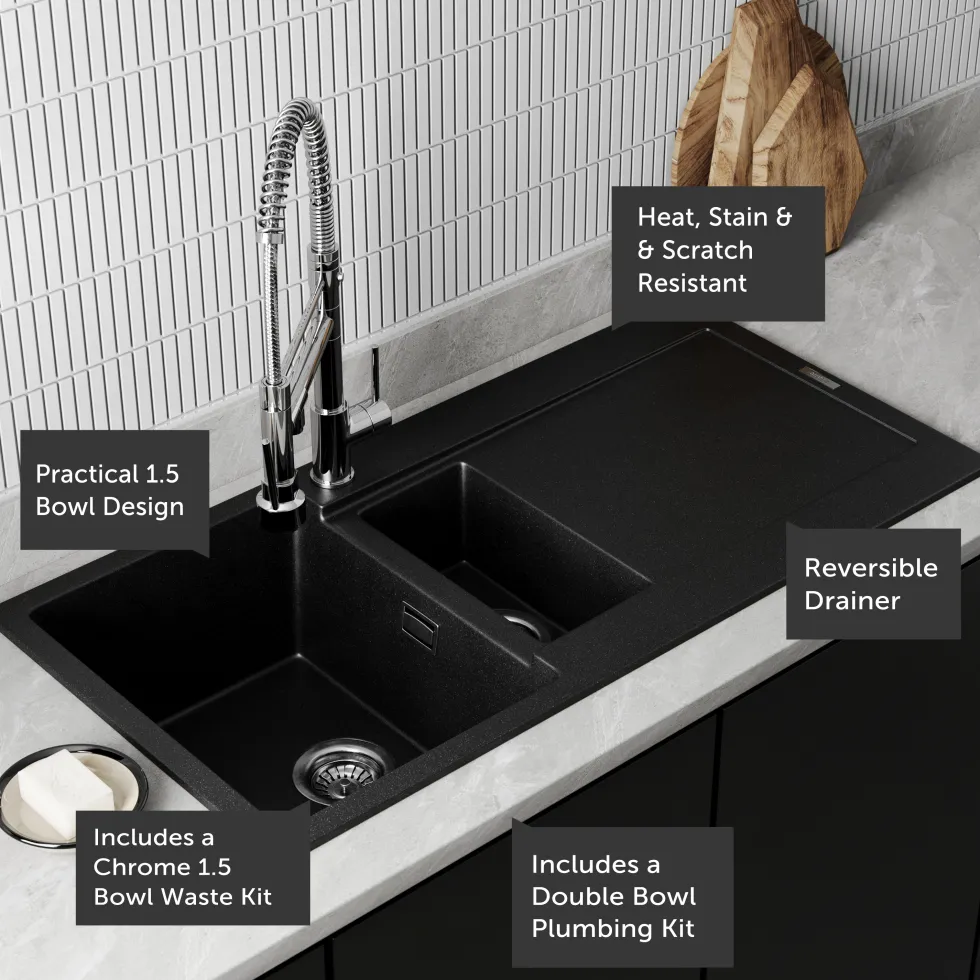 Vellamo Rocca 1.5 Bowl Granite Composite Inset Kitchen Sink & Waste - 1000 x 500mm